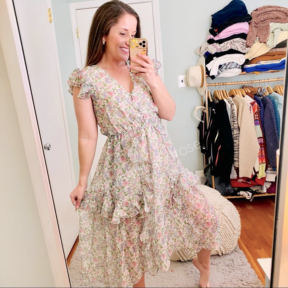NWT SENLIS ShopBop Green Pink Dainty Floral V Neck Button Ruffled MIDI Dress XS